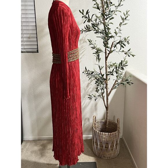 Vintage 1980s Mary McFadden Couture Pleat Gown Midi Red Gold Holiday Size 12 - Picture 5 of 9